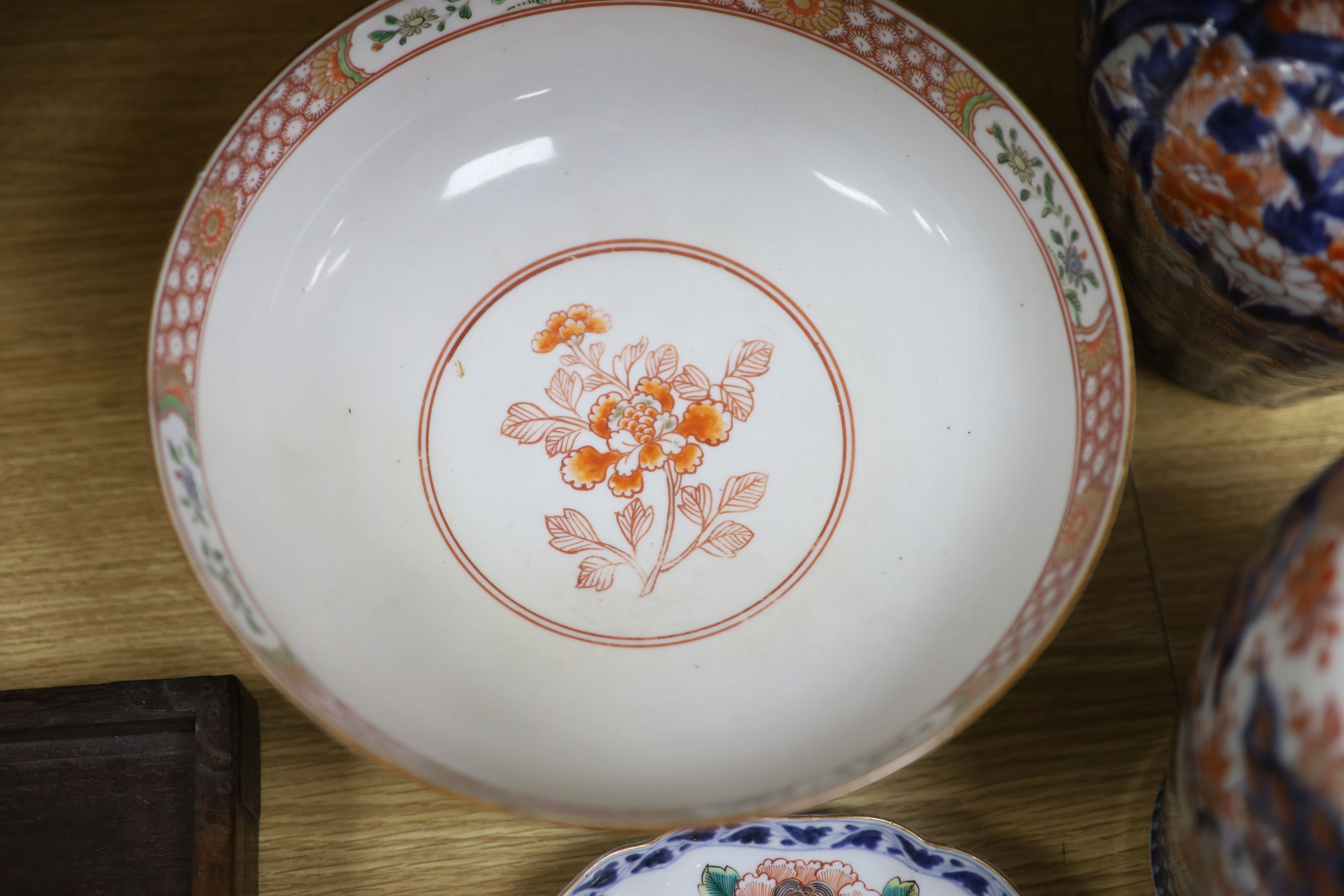 Three Japanese Imari vases, a plate and other Japanese ceramics